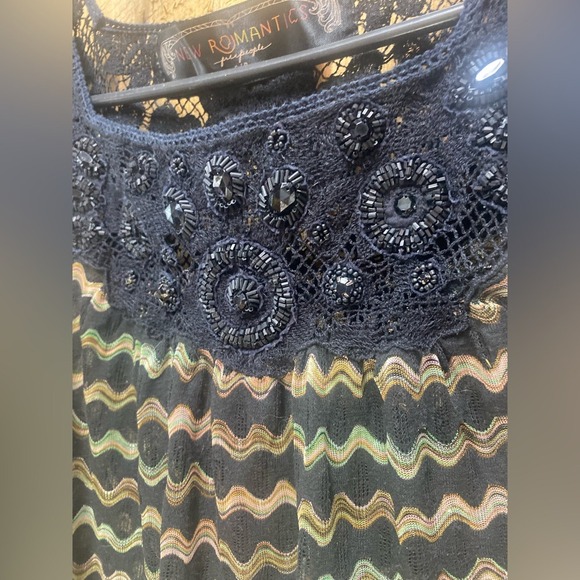 Free People New Romantics Boho Sheer Blouse Black Crochet Neckline Small Beaded - Picture 3 of 9